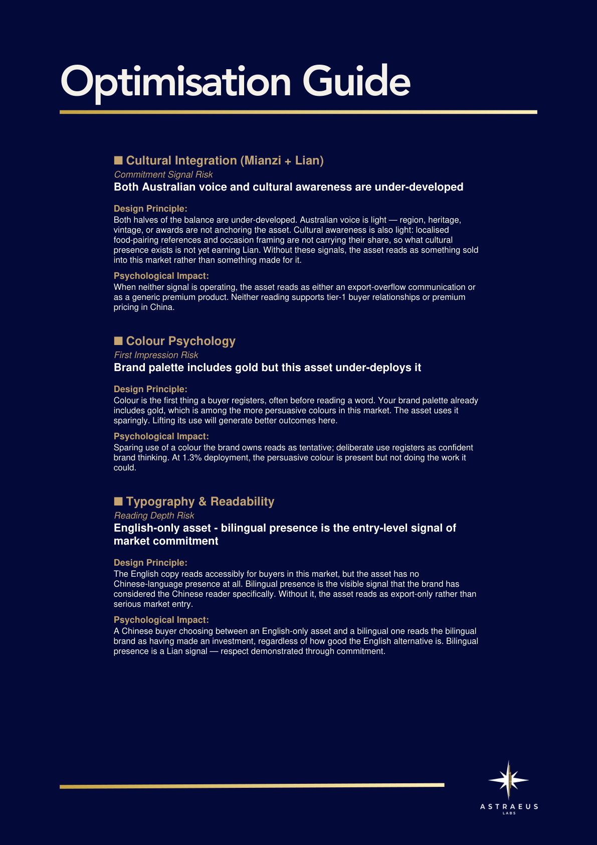 Page three of a Suadela report — Optimisation Guide showing priority improvements for Chinese market readiness